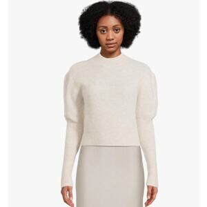 Madewell Alpaca-Blend Mockneck Puff Sleeve Sweater SZ XS Heather Alabaster Crop